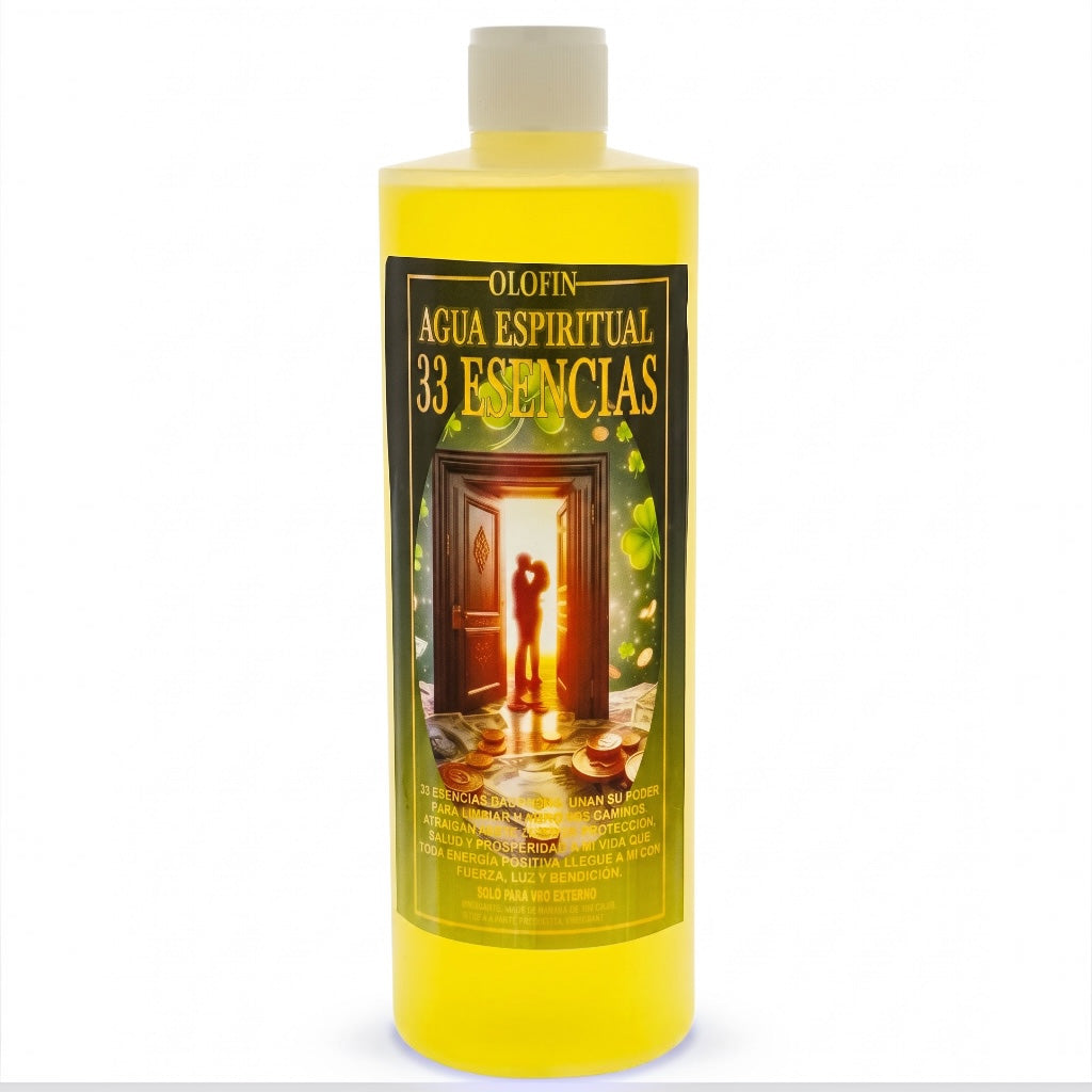 A plastic bottle of Olofin Agua Espiritual 33 Esencias with a white cap, filled with bright yellow liquid, set against a plain white background.