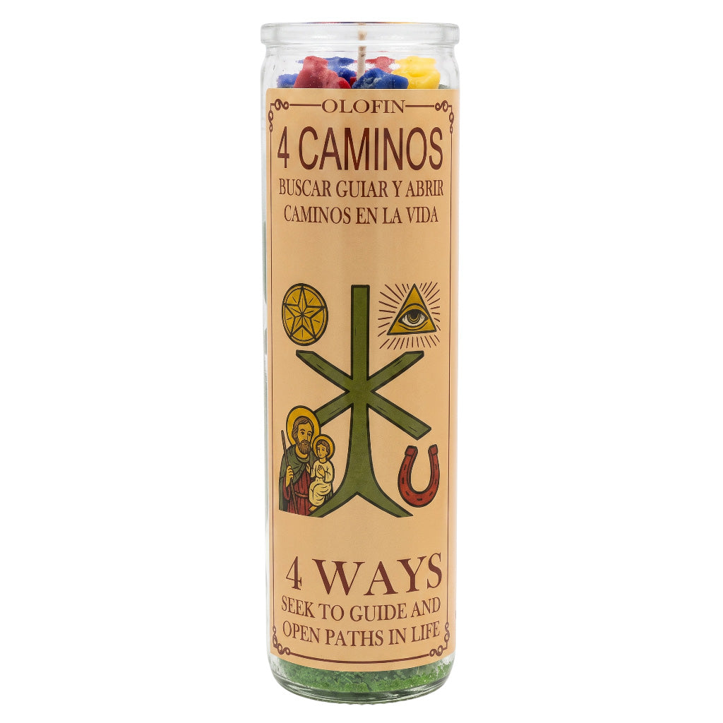 A tall glass prayer candle with a beige label reading '4 CAMINOS / 4 WAYS' and religious-style symbols, shown on a plain white background. Multicolored wax is visible at the top, and green wax is visible at the bottom of the glass container.