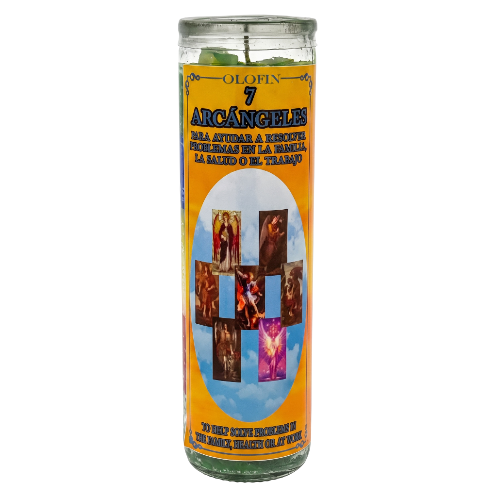 A tall glass jar candle with a colorful label reading 'OLIN 7 ARCÁNGELES' and featuring a central oval with religious imagery, shown on a plain white background.