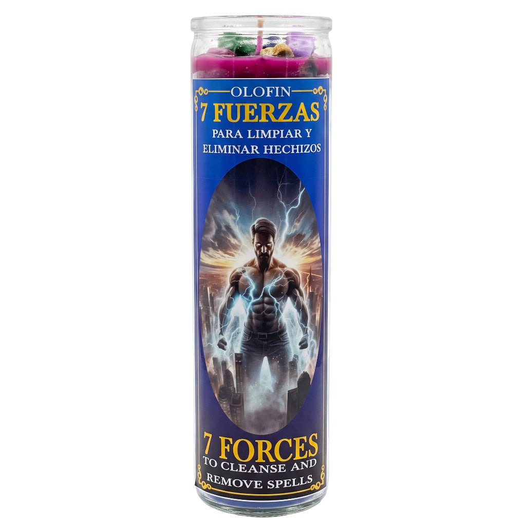 A tall glass jar candle labeled '7 FUERZAS' by Olofin, featuring a blue label with a warrior illustration and text that reads '7 FORCES TO CLEANSE AND REMOVE SPELLS.' The candle is shown on a plain white background.