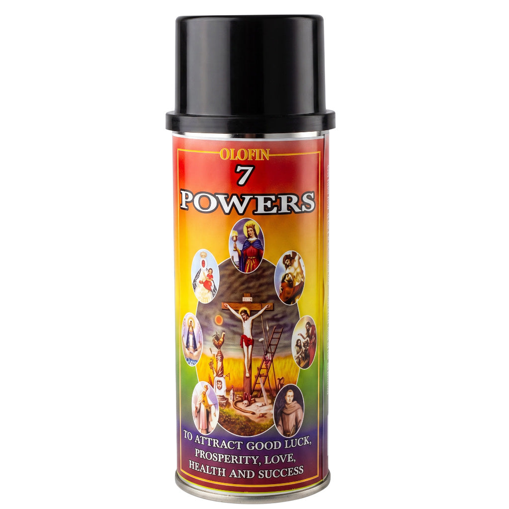 A can of Olorin 7 Powers spray paint with a black cap and a colorful label featuring religious imagery and text promising good luck, prosperity, love, health, and success.