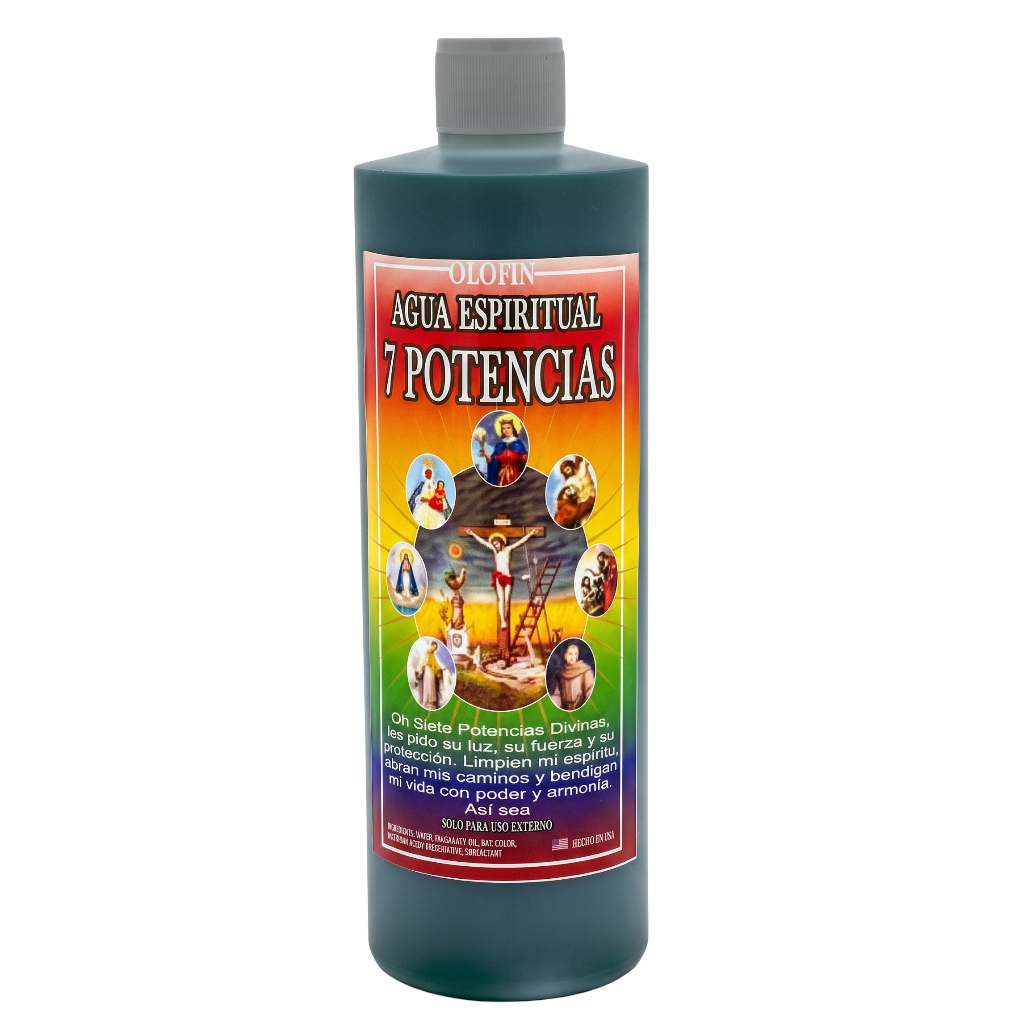 A 320 ml bottle of Oluwan '7 Potencias' spiritual water against a plain white background. The bottle is a dark teal-green color with a gray screw cap and features a colorful label with religious imagery and Spanish text.