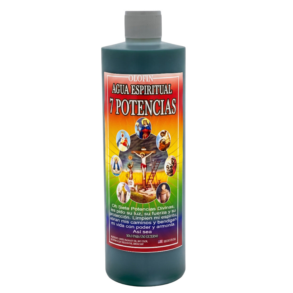 A 320 ml bottle of Oluwan '7 Potencias' spiritual water against a plain white background. The bottle is a dark teal-green color with a gray screw cap and features a colorful label with religious imagery and Spanish text.
