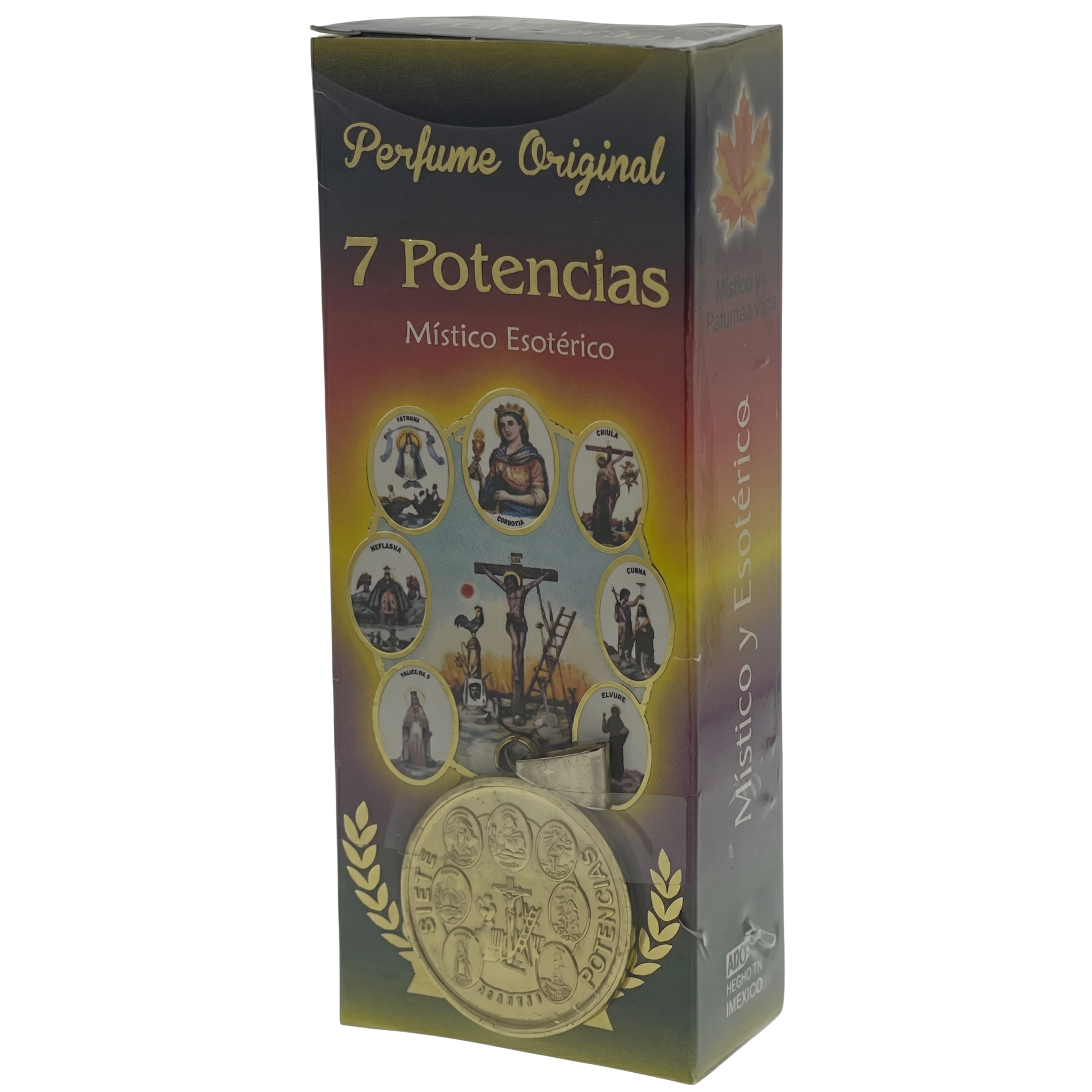 Box of '7 Potencias' perfume with religious iconography on a white background