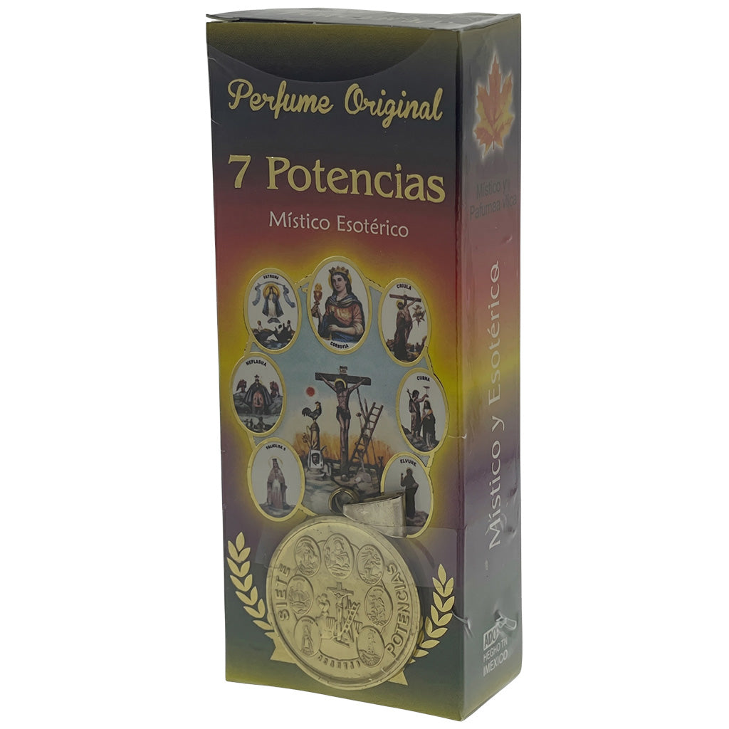 Box of '7 Potencias' perfume with religious iconography on a white background