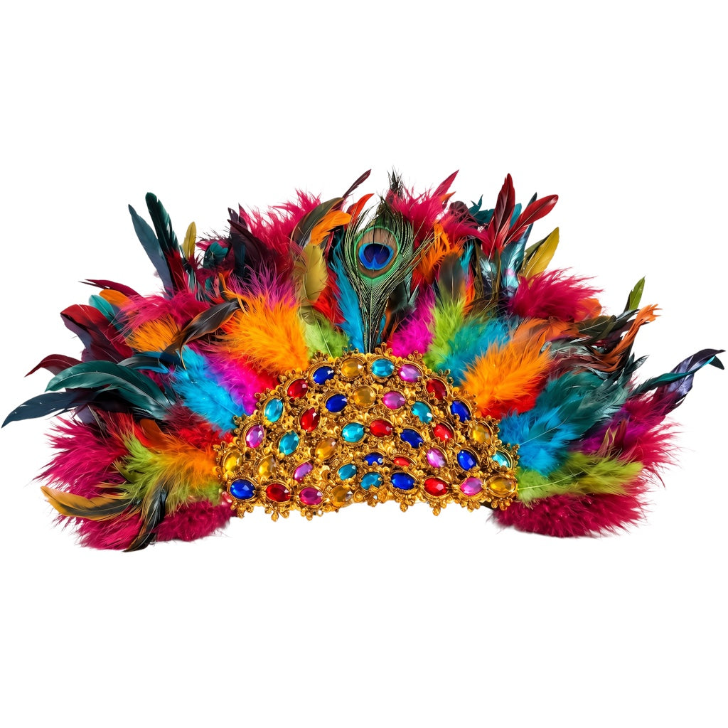7 Potencias Africanas Ceremonial Fan (Abanico para las 7 Potencias Africanas) – Rainbow Feathers with Peacock Feather, Gold Accents & Multicolor Gemstones – Santeria Orisha Ritual Accessory
