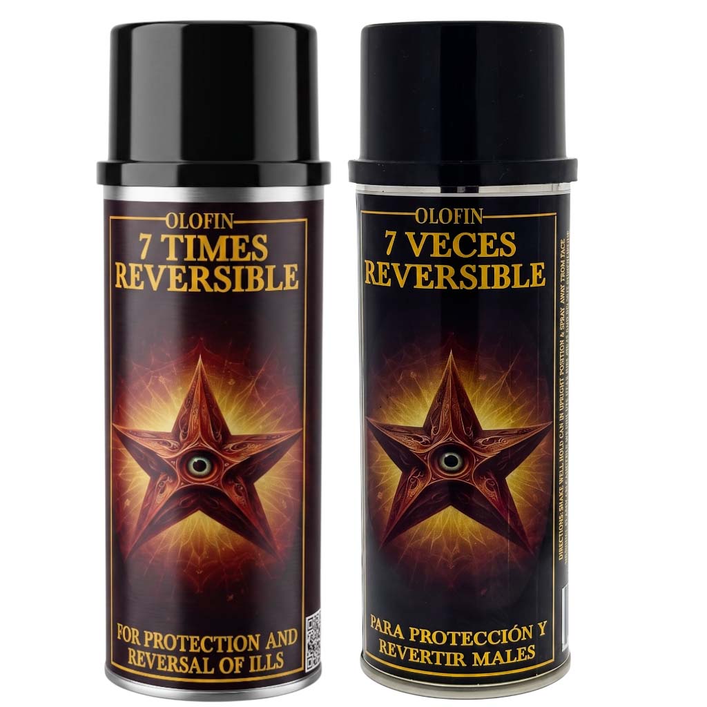 Two black Olofin 7 Times Reversible spray cans with gold lettering and a dark star graphic on a white background.