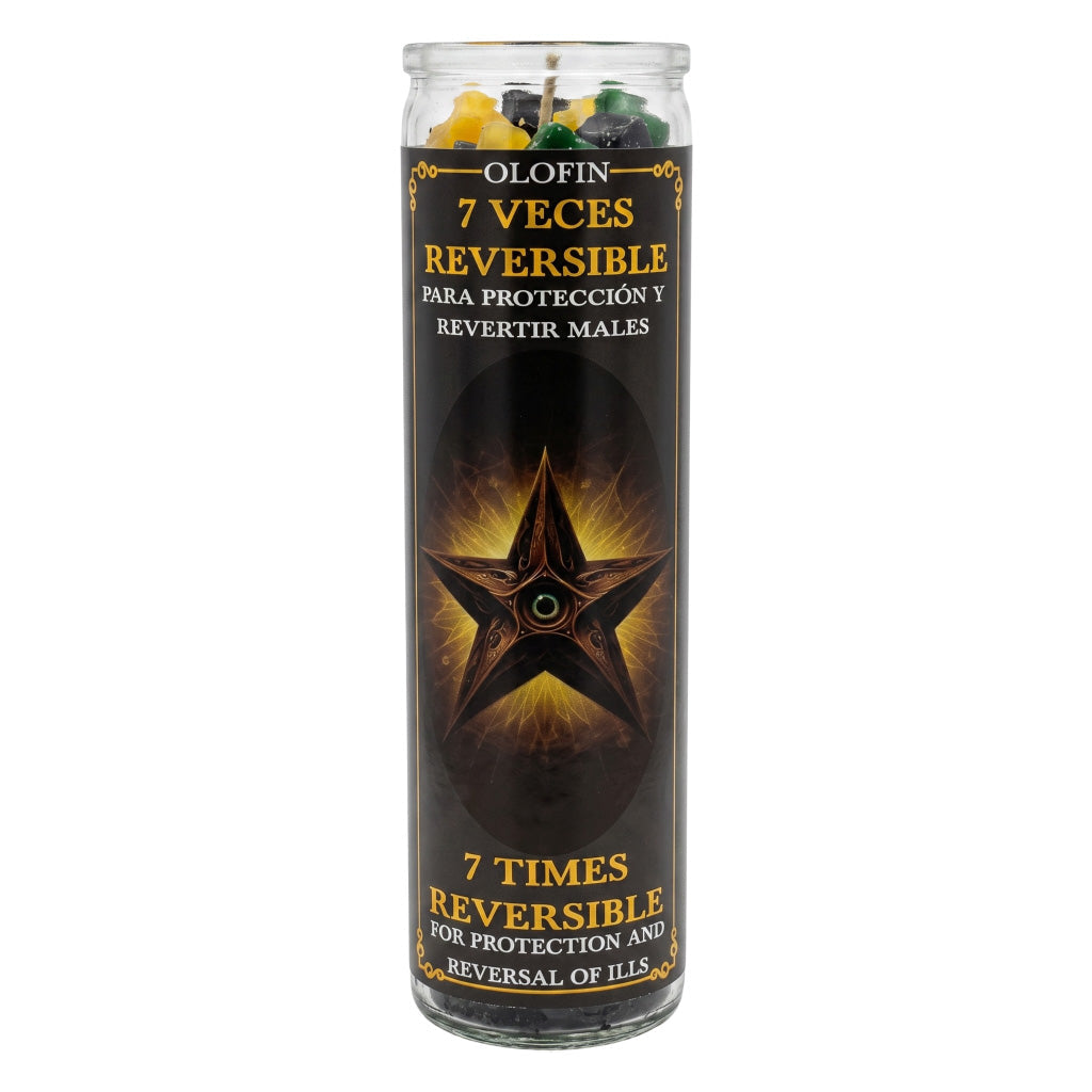 A tall glass jar candle with a black label featuring a gold star and Spanish text reading 'Olofin 7 VECES REVERSIBLE'. The candle is shown on a plain white background.