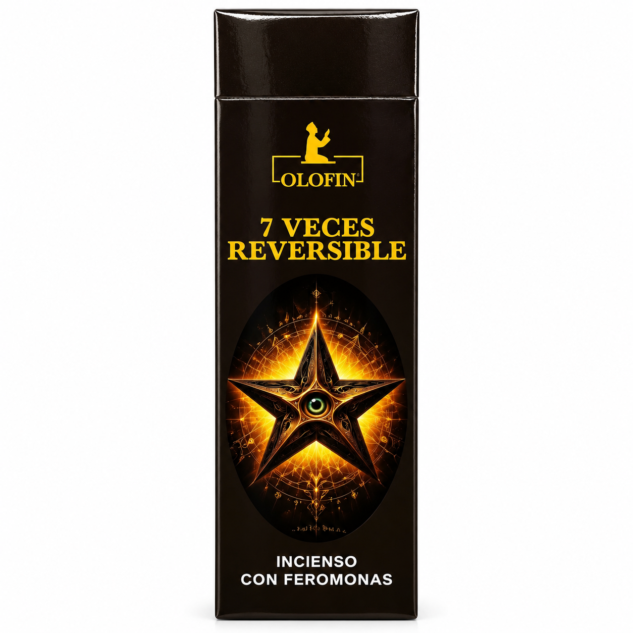 A tall black rectangular box of Olofin incense with '7 VECES REVERSIBLE' in yellow text and a glowing golden star graphic on the front, set against a plain white background.