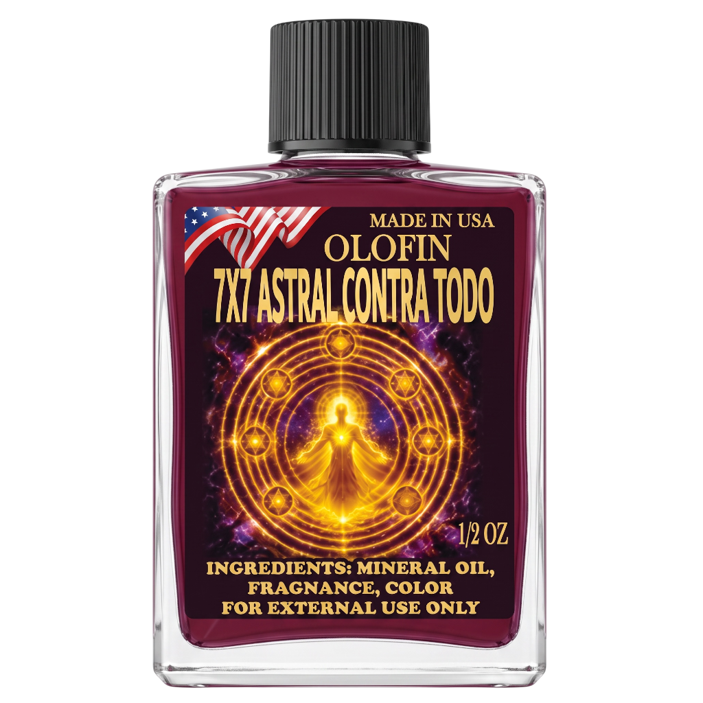 A 1/2 oz glass bottle of Olofin 7x7 Astral Contra Todo fragrance oil with a black ribbed cap, featuring a dark purple label with a glowing golden meditative figure and an American flag graphic.