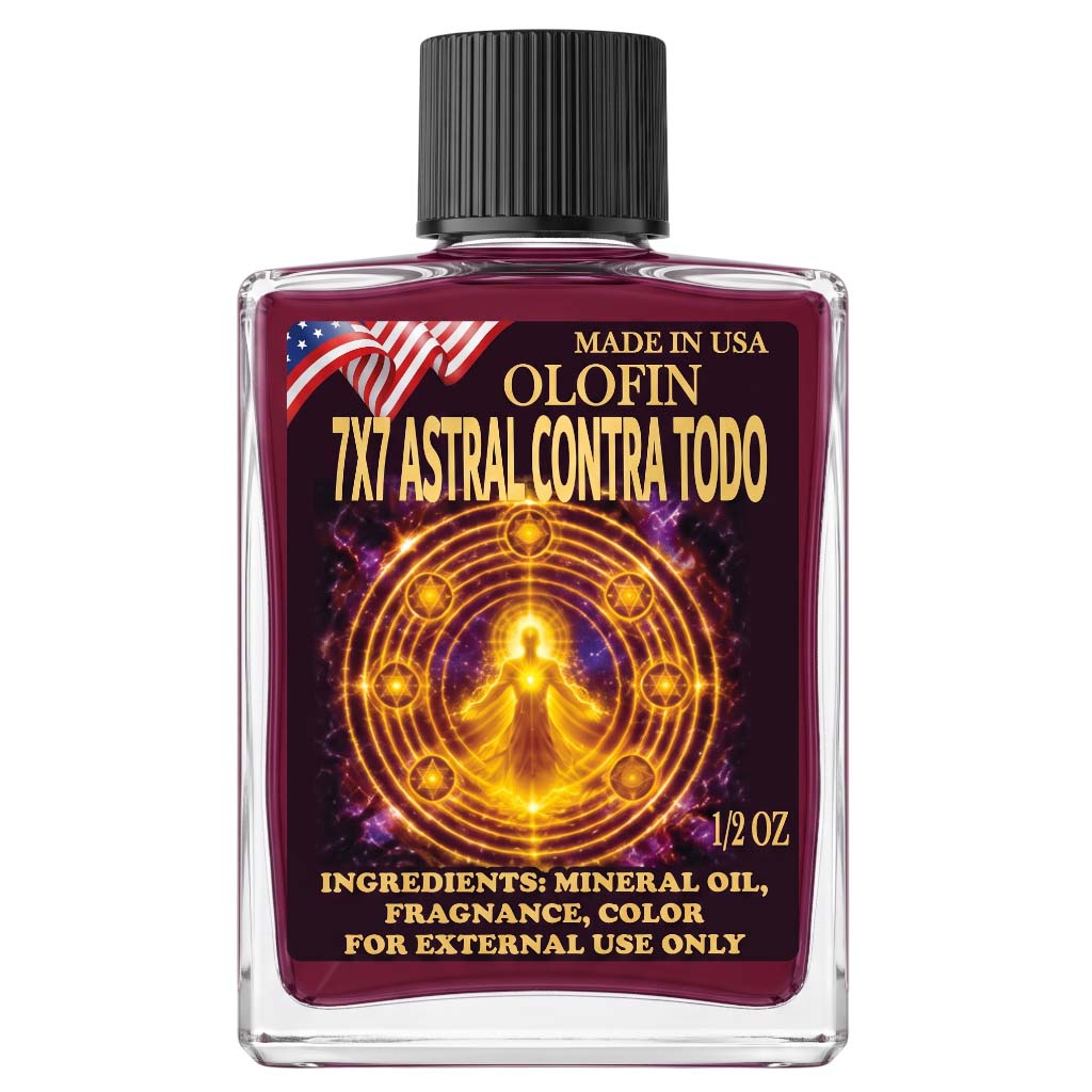 A 1/2 oz glass bottle of Olofin 7x7 Astral Contra Todo fragrance oil with a black ribbed cap, featuring a dark purple label with a glowing golden meditative figure and an American flag graphic.
