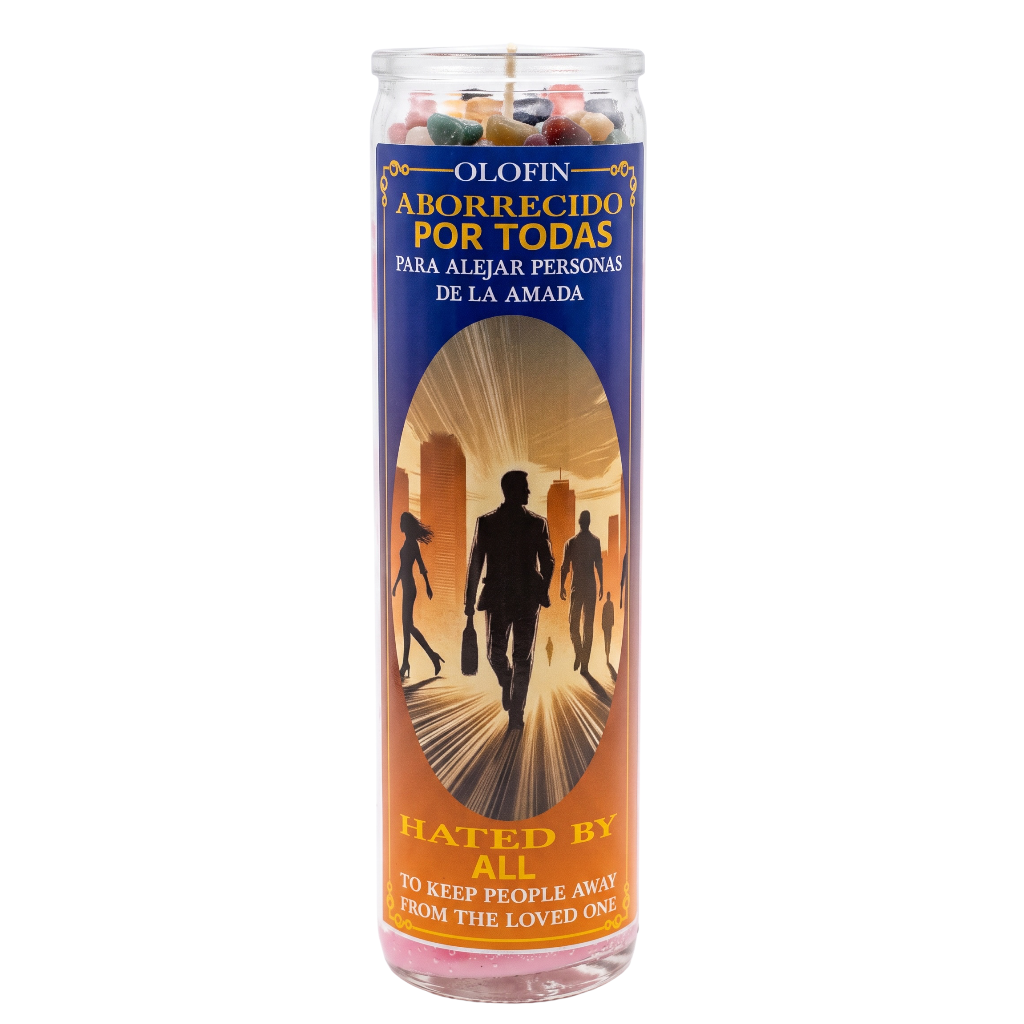 A tall glass prayer candle with a printed label reading 'Olofin Aborrecido Por Todas' and 'Hated By All,' shown on a plain white background.