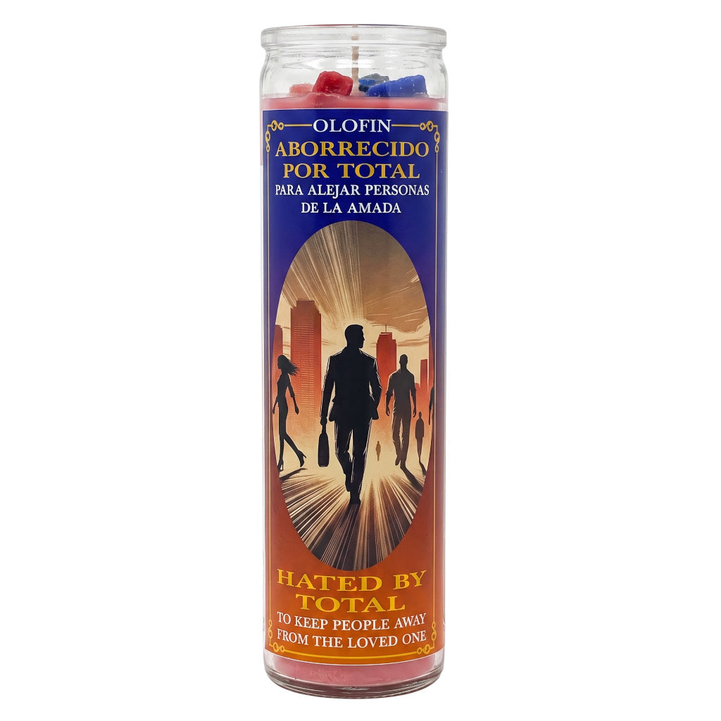 A tall glass prayer candle with a printed label reading 'Olofin Aborrecido Por Total' and 'Hated By Total To Keep People Away From The Loved One.' The candle has red wax at the top and blue wax at the bottom, shown on a plain white background.