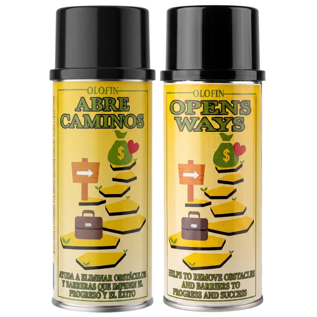 Two identical spray cans of Olofin 'Abre Caminos / Opens Ways' shown side by side on a plain white background. The cans are black at the top with pale yellow labels featuring a graphic of a path made of yellow money bags and a briefcase.