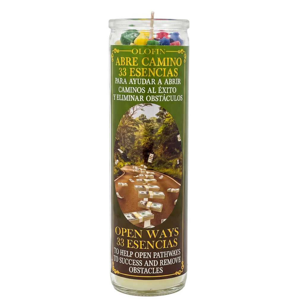 A tall glass jar candle with a green and gold label reading 'Olofin Abre Camino 33 Esencias' and 'Open Ways 33 Esencias,' shown on a plain white background.