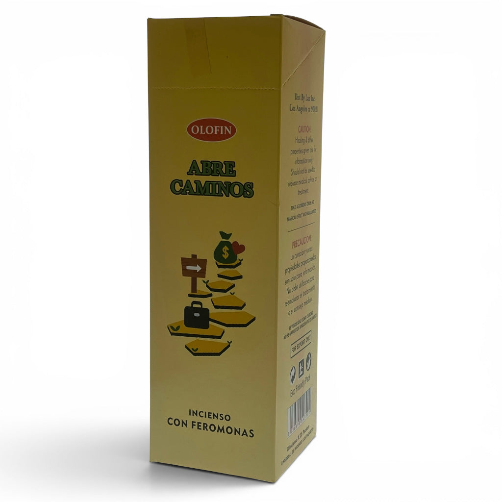 A tall rectangular box of Olofin 'Arre Caminos' incense with feromonas, shown on a plain white background with a soft shadow.