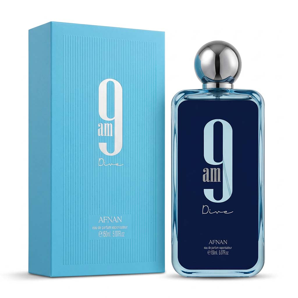 Perfume bottle and packaging of 9 am Dive by Afnan on a white background