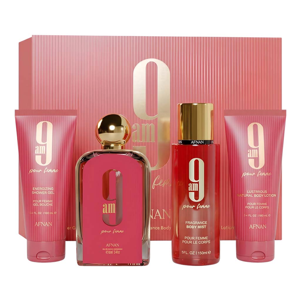 Afnan perfume set with pink and red bottles and packaging on a white background