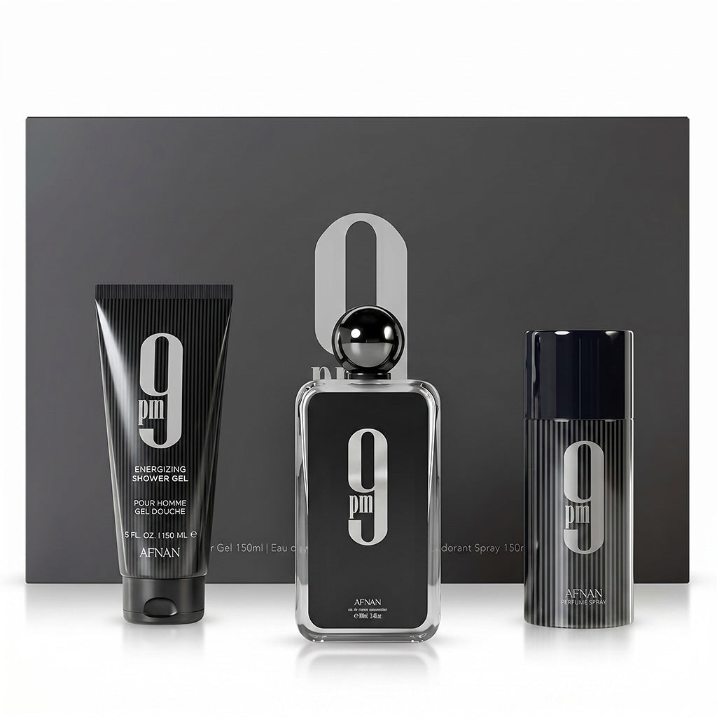 Afnan men's grooming set with three products on a white background