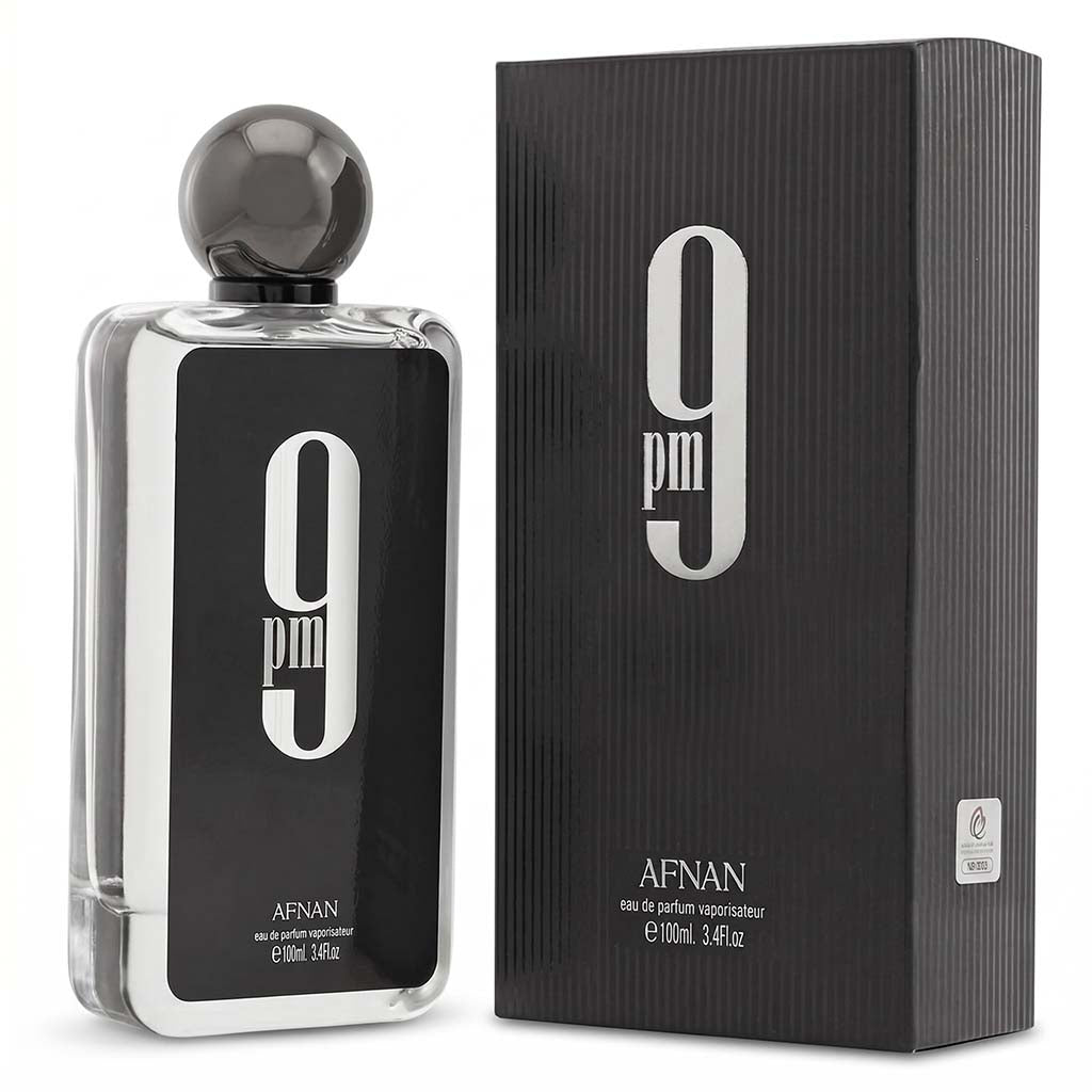 Afnan 9PM perfume bottle and packaging on a white background