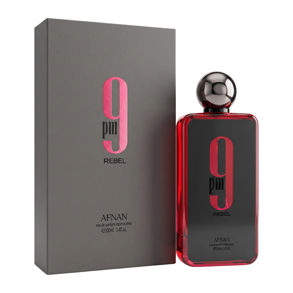Perfume bottle and packaging of 9PM Rebel by Afnan on a white background