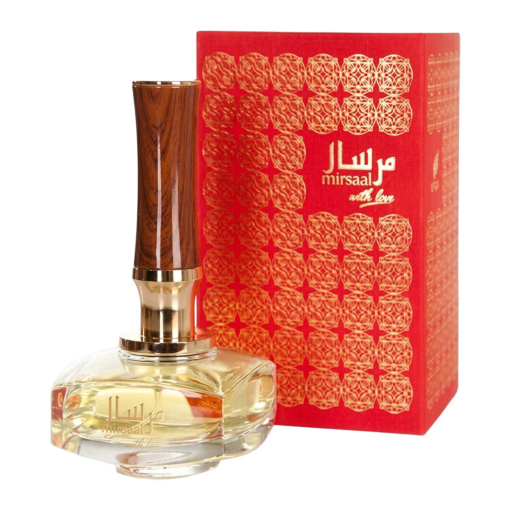 Perfume bottle with wooden cap and decorative red box labeled 'mirsaal' on a white background