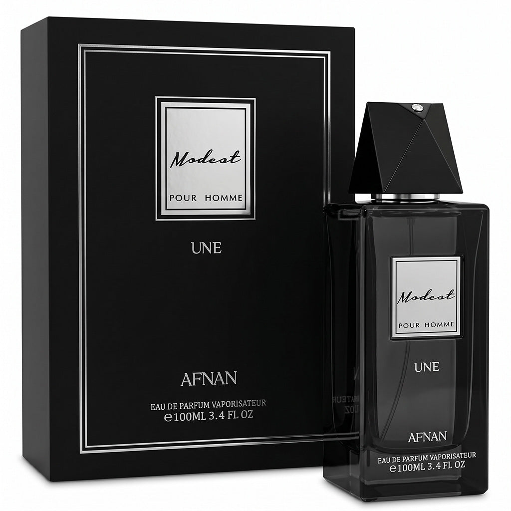 Afnan Modest pour Homme Une perfume bottle and packaging on a white background