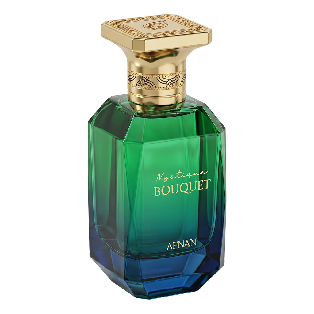 Green and blue perfume bottle with gold cap on a white background