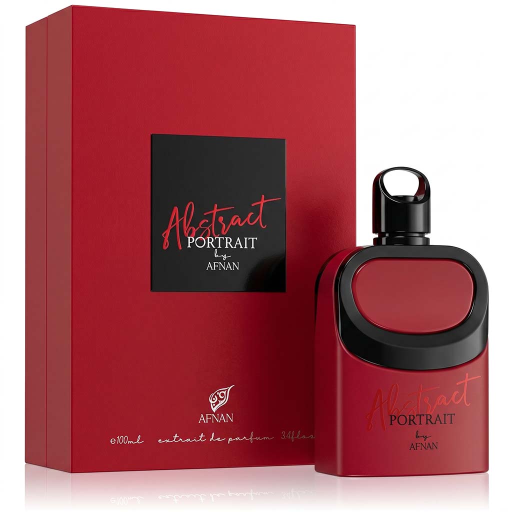 Red perfume bottle and packaging with 'Abstract Portrait' by Afnan on a white background