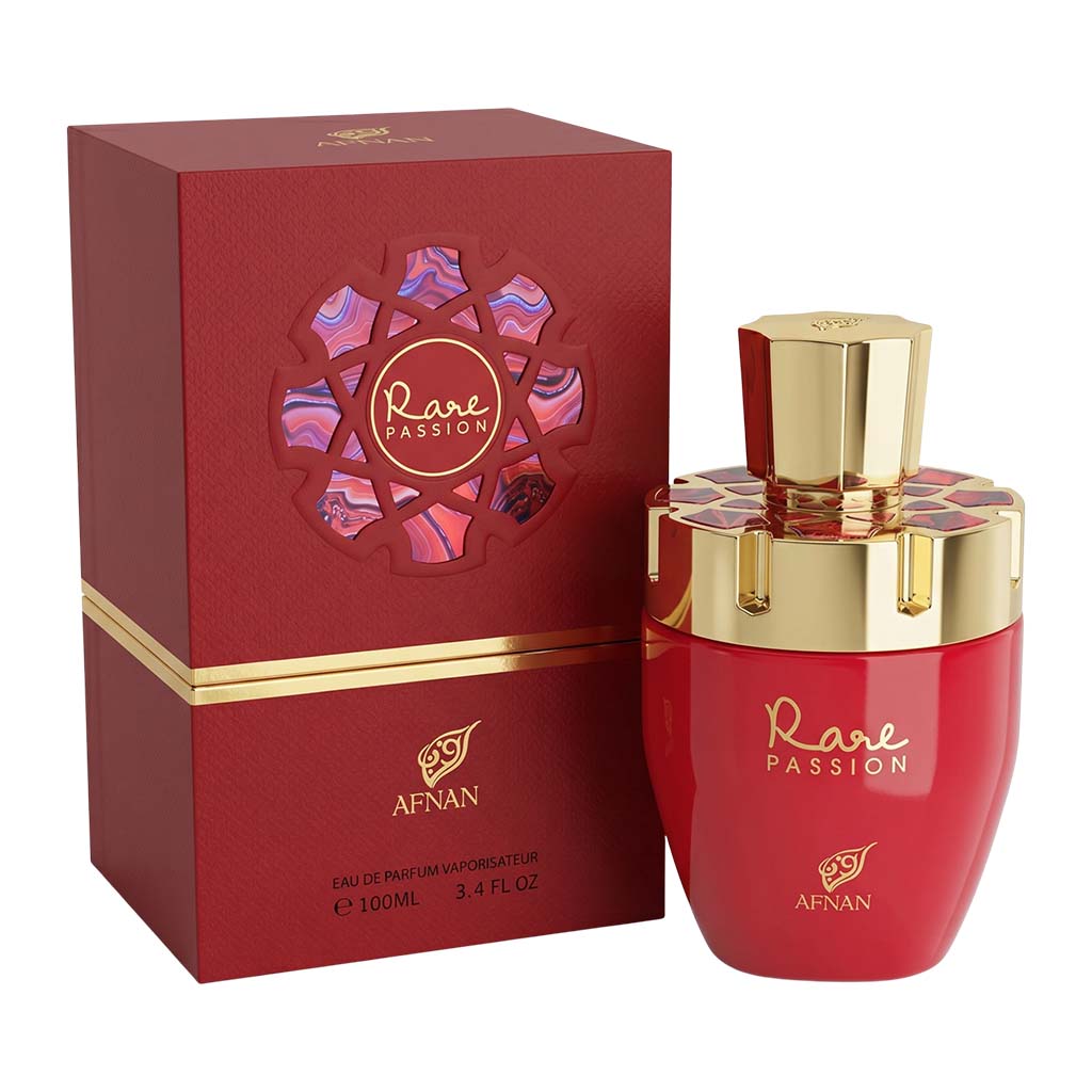 Afnan Rare Passion perfume bottle and packaging on a white background