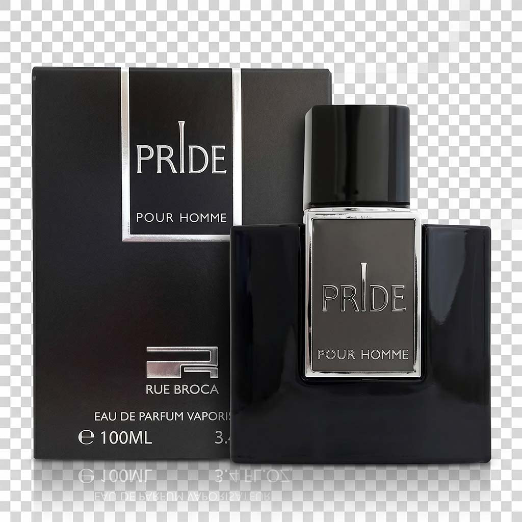 Rue Broca 'Pride Pour Homme' perfume bottle and packaging on a transparent background