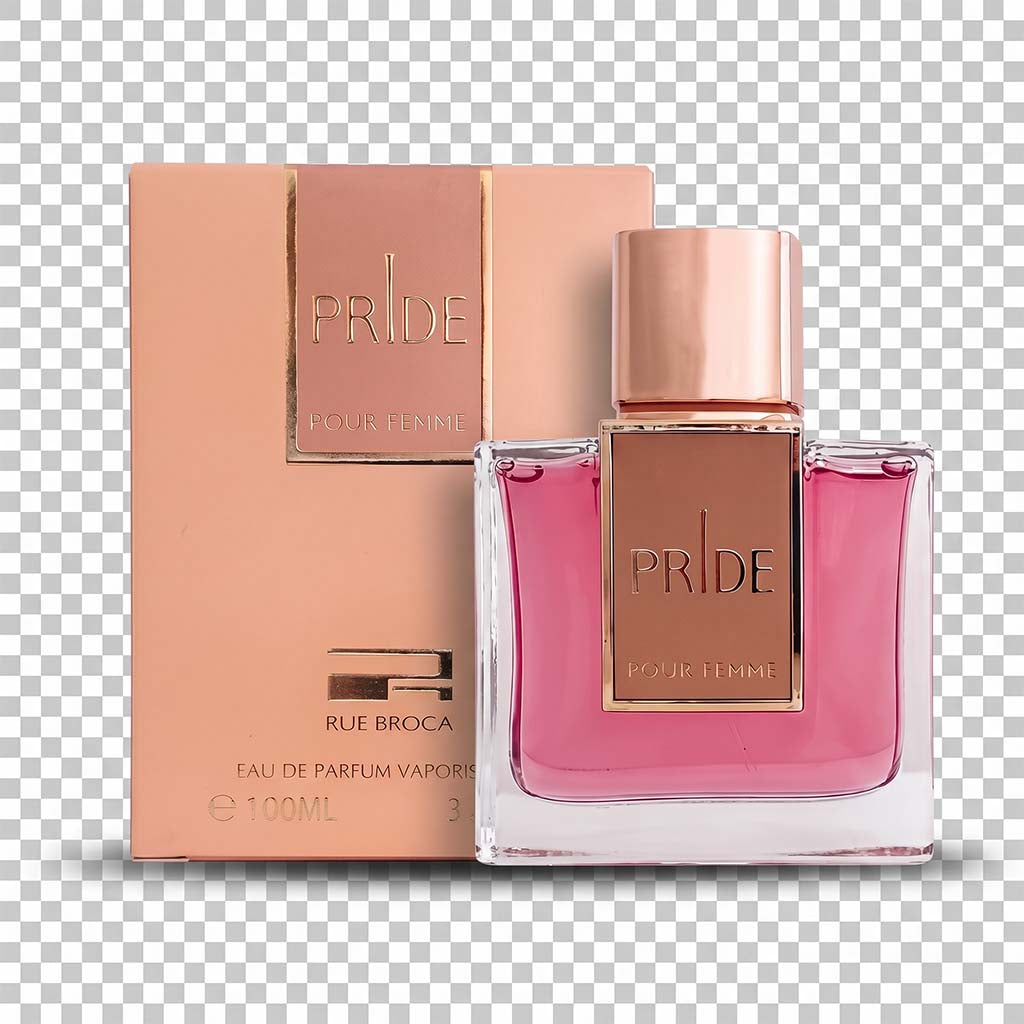 Pink perfume bottle and packaging with 'PRIDE' branding on a transparent background