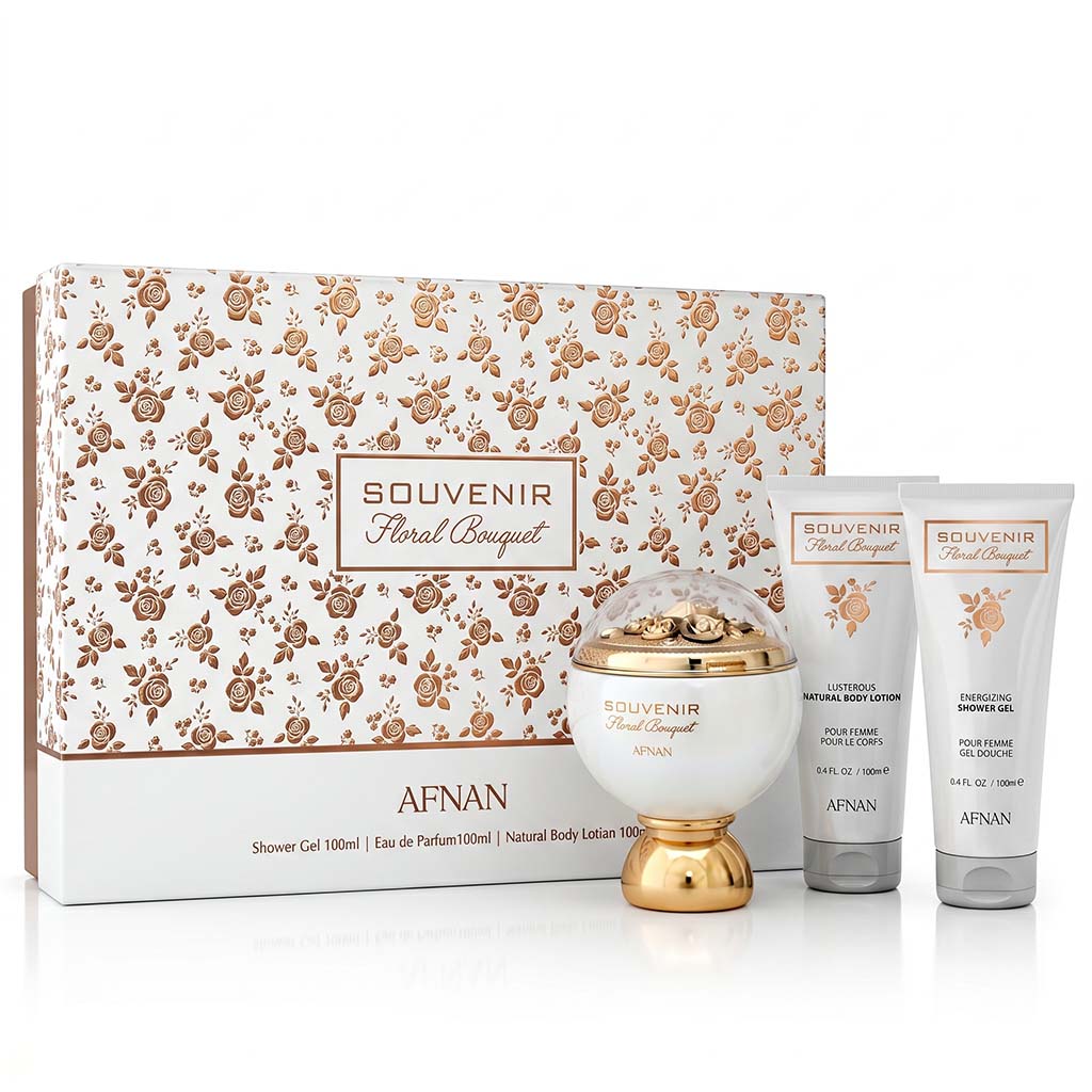 Afnan Souvenir Floral Bouquet perfume set with floral packaging