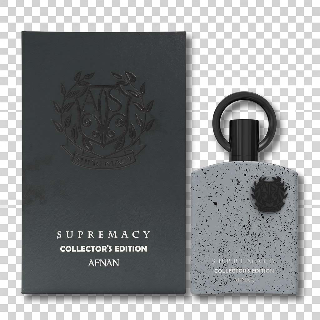 Supremacy Collector's Edition Afnan perfume bottle and packaging on a transparent background