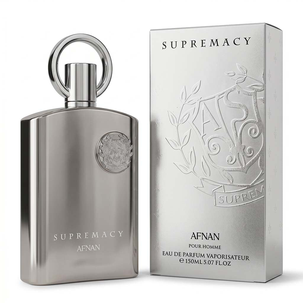 Silver perfume bottle and packaging with 'Supremacy' branding on a white background