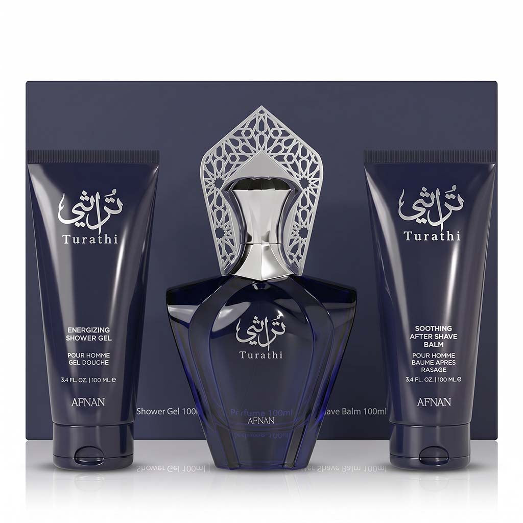Turathi men's grooming products including a bottle and two tubes on a white background