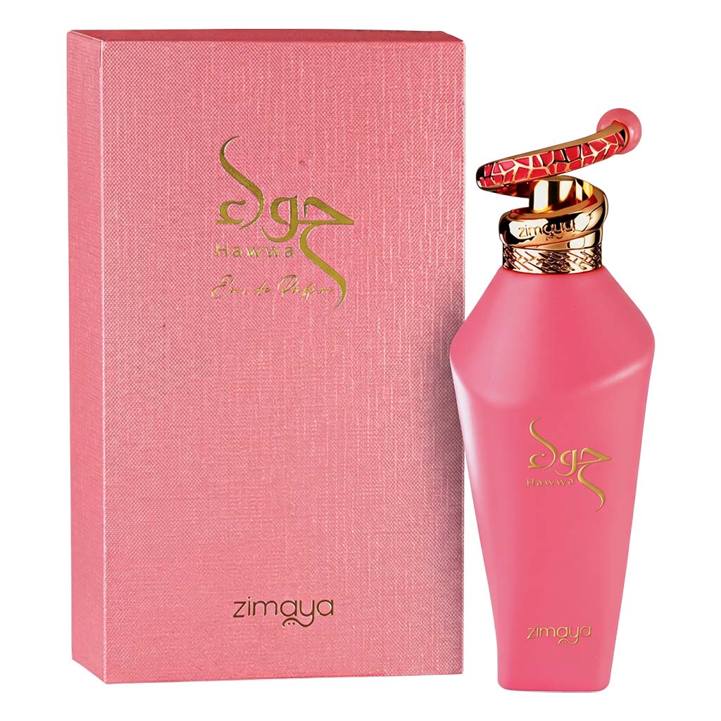 Pink perfume bottle and packaging with 'zimaya' branding on a white background