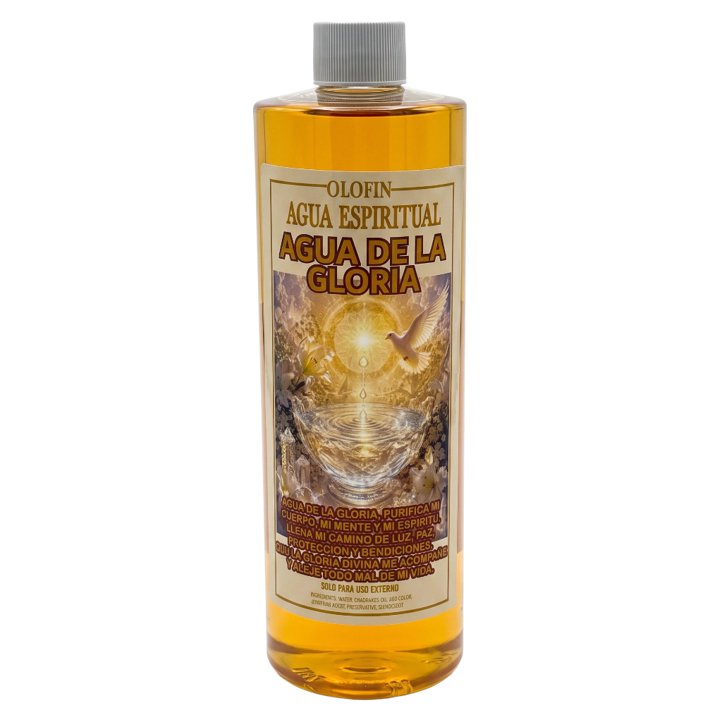 A bottle of Olofin Agua Espiritual 'Agua de la Gloria' spiritual water, featuring a golden-amber liquid, a beige label with a glowing angel and water droplet illustration, and a gray screw cap, isolated on a white background.