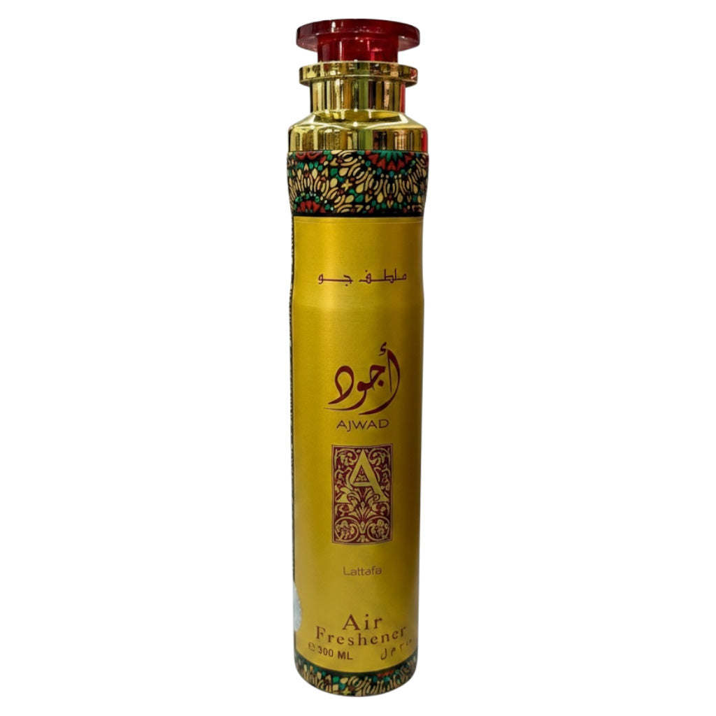 Gold and red air freshener bottle with decorative elements on a white background