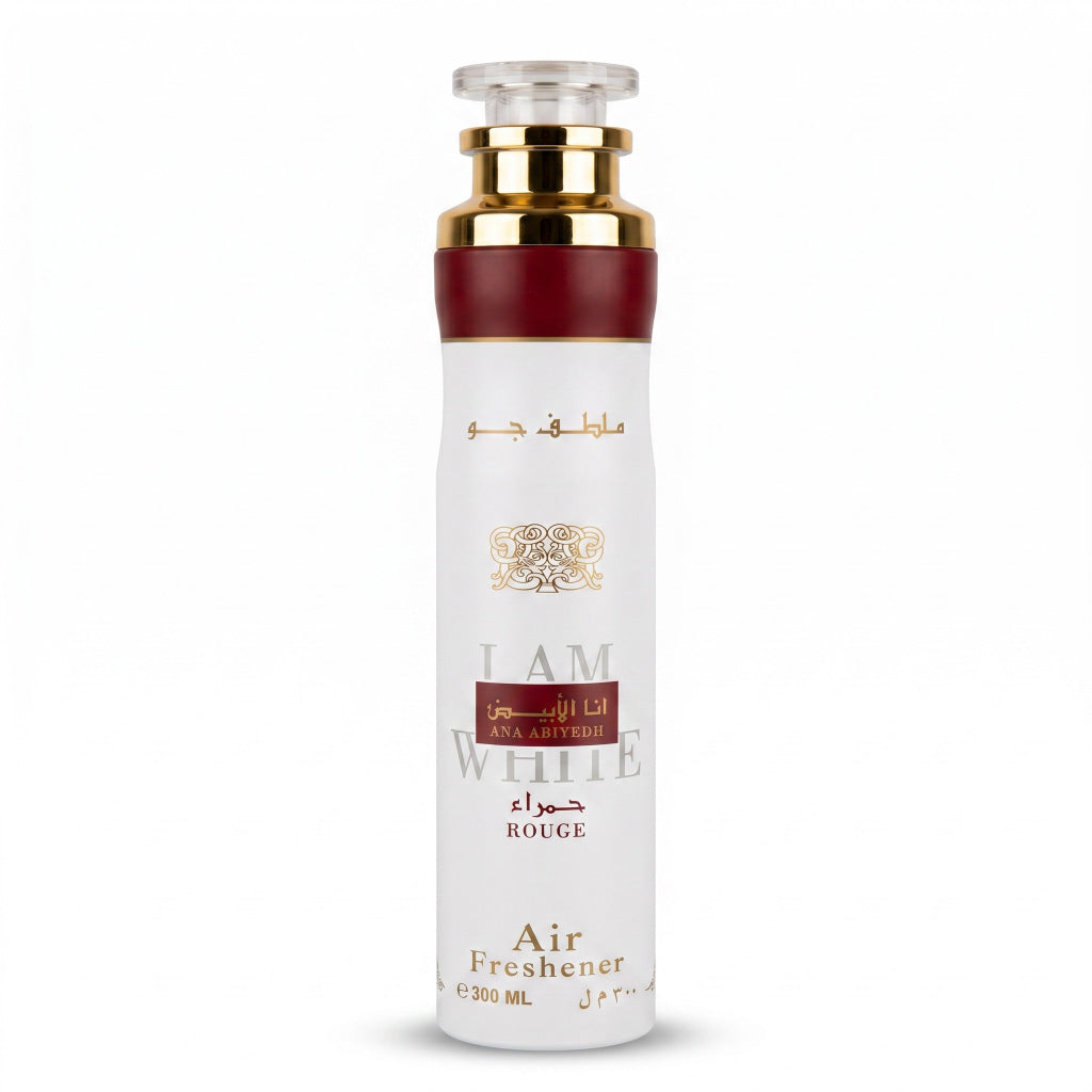 White air freshener bottle with gold and red accents on a white background