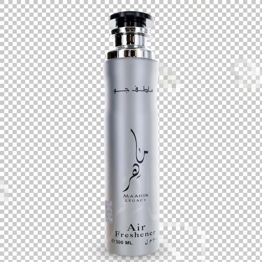 Silver air freshener bottle with black text on a transparent background