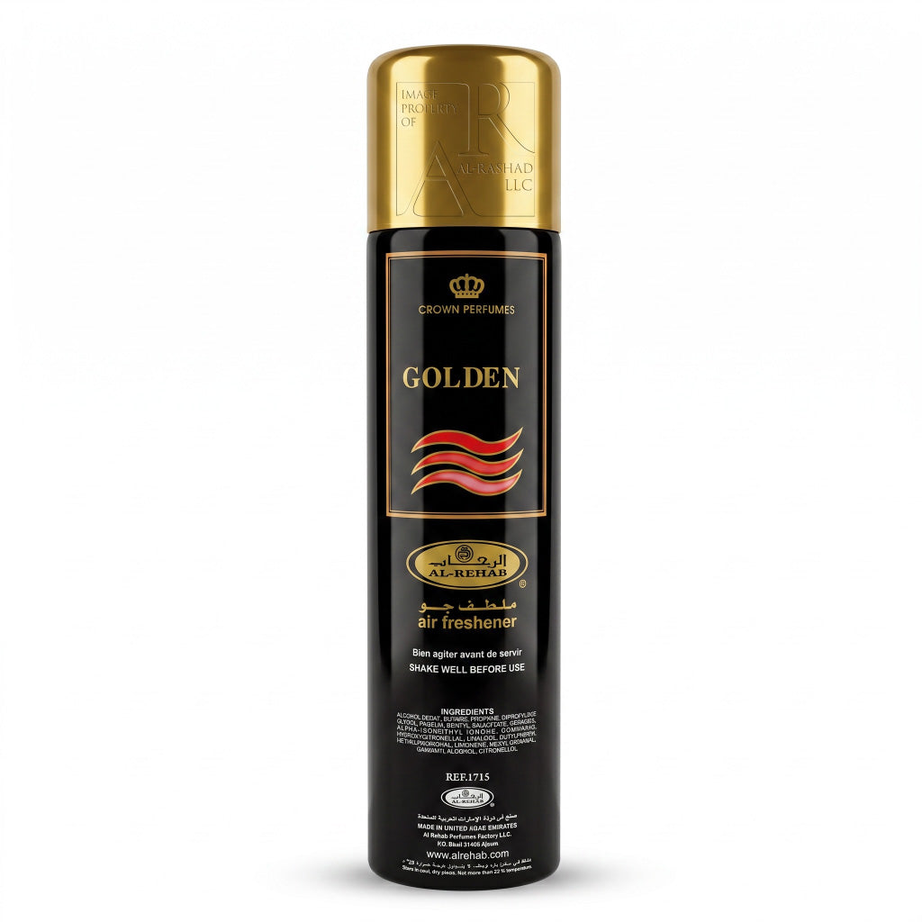 Black air freshener can with gold top on a white background