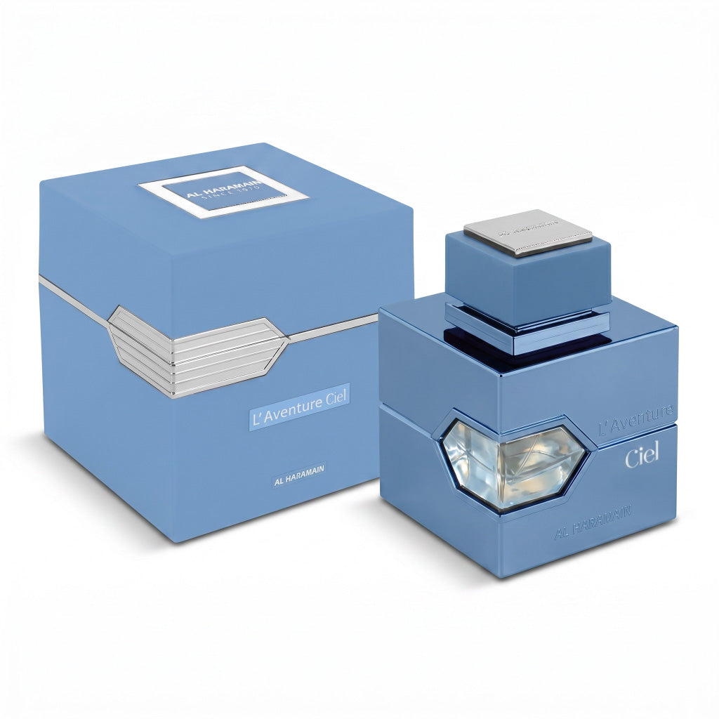 Blue perfume bottle and packaging with 'Ciel' branding on a white background