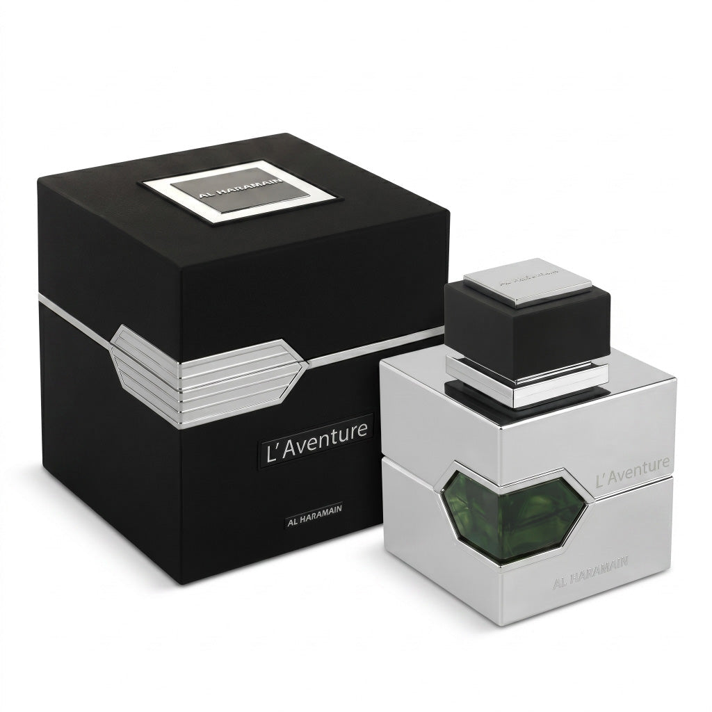 Perfume bottle and packaging of L'Aventure by Al Haramain on a white background