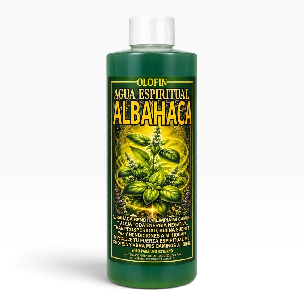 A green plastic bottle of Olofin Agua Espiritual Albahaca spiritual water, featuring a white cap and a detailed label with a green albahaca plant illustration on a gold background.