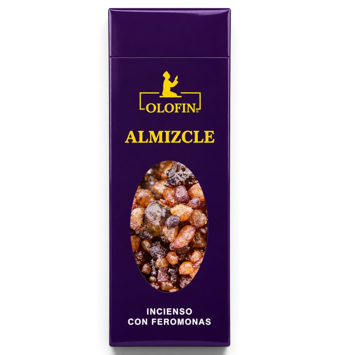 A tall, narrow purple box of Olofin Almizcle incienso con feromonas, featuring a yellow logo and name, and a central oval window showing dried incense herbs inside.