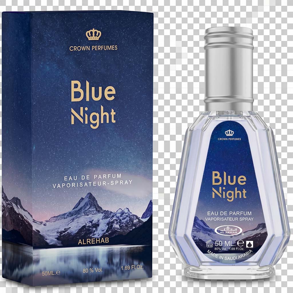 Crown Perfumes Blue Night Eau de Parfum packaging and bottle on a transparent background