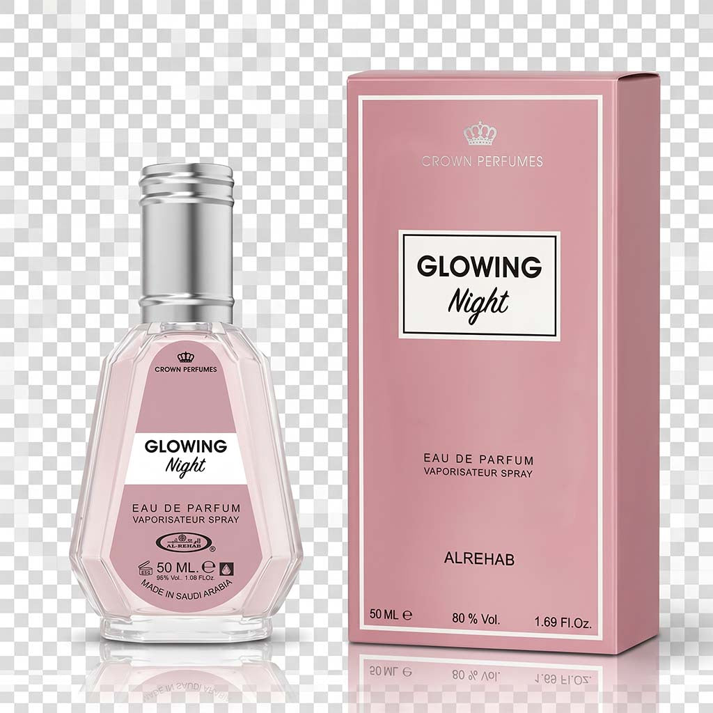 Perfume bottle and packaging of 'Glowing Night' by Alrehab on a transparent background