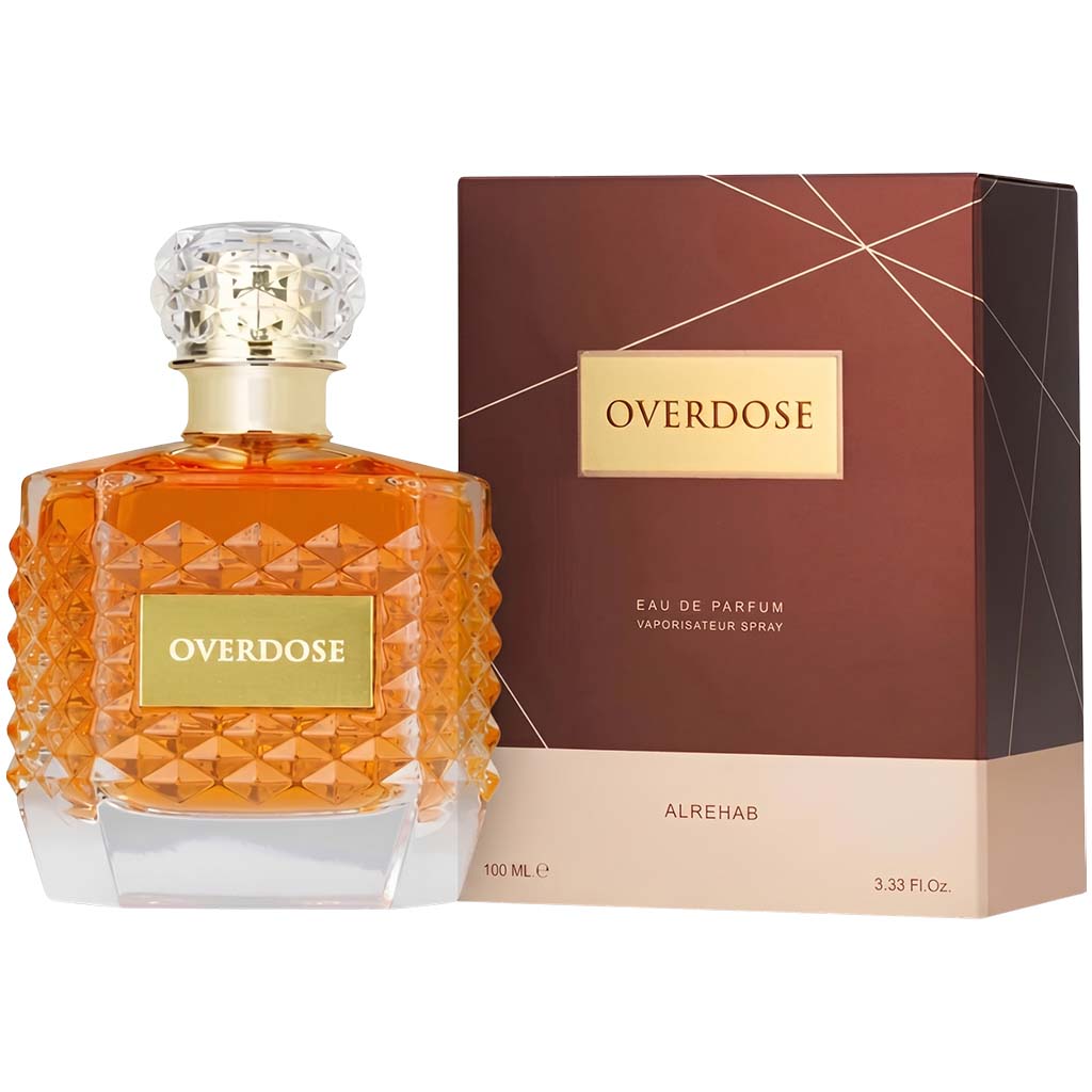 Overdose perfume bottle and packaging on a white background