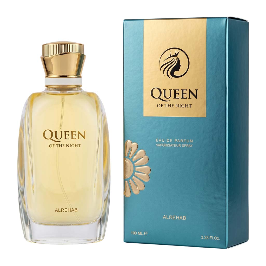 Perfume bottle and packaging of 'Queen of the Night' by Alrehab on a white background